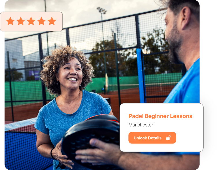 women and man holding paddle rackets